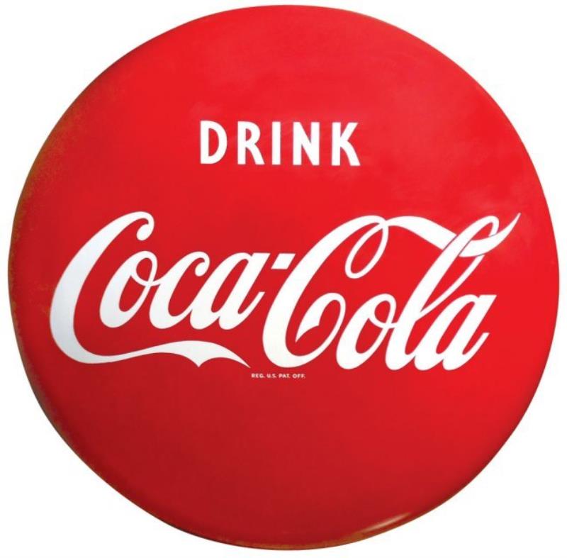 Coca-Cola button sign, "Drink Coca-Cola," enamel on