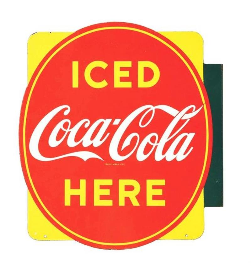 PORCELAIN COCA-COLA ICED HERE FLANGE SIGN