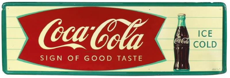 Coca-Cola sign, self-framed metal fishtail w/bottle