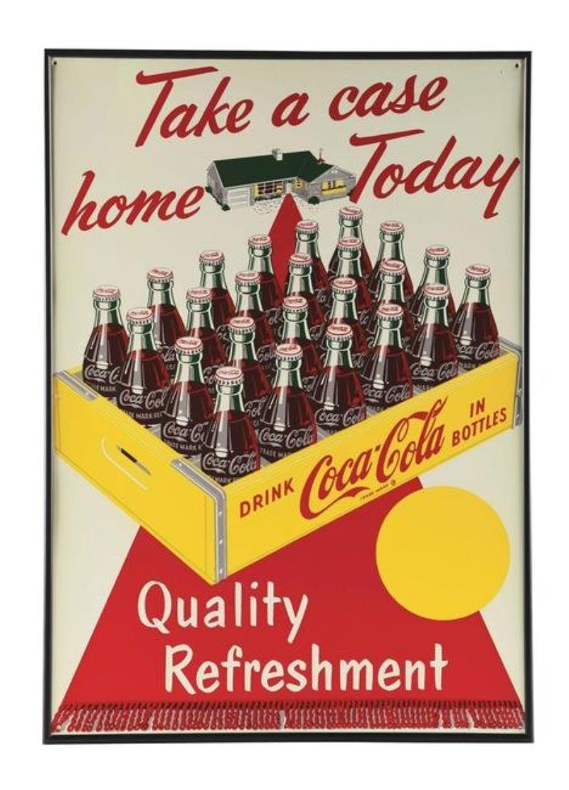 EMBOSSED TIN-LITHOGRAPH COCA-COLA BOTTLE SIGN.