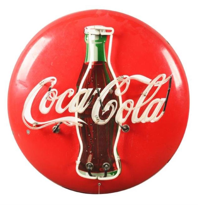 Coca-Cola Porcelain Button Sign With Neon