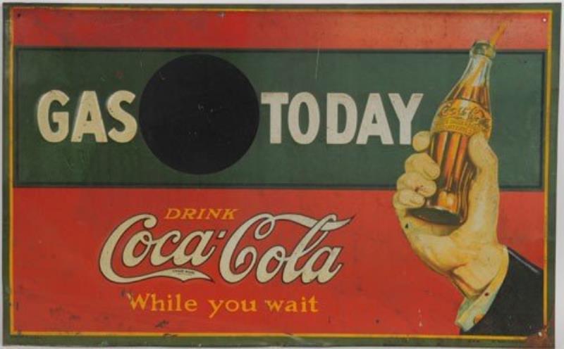 1926 EMBOSSED TIN COCA-COLA GAS TODAY SIGN