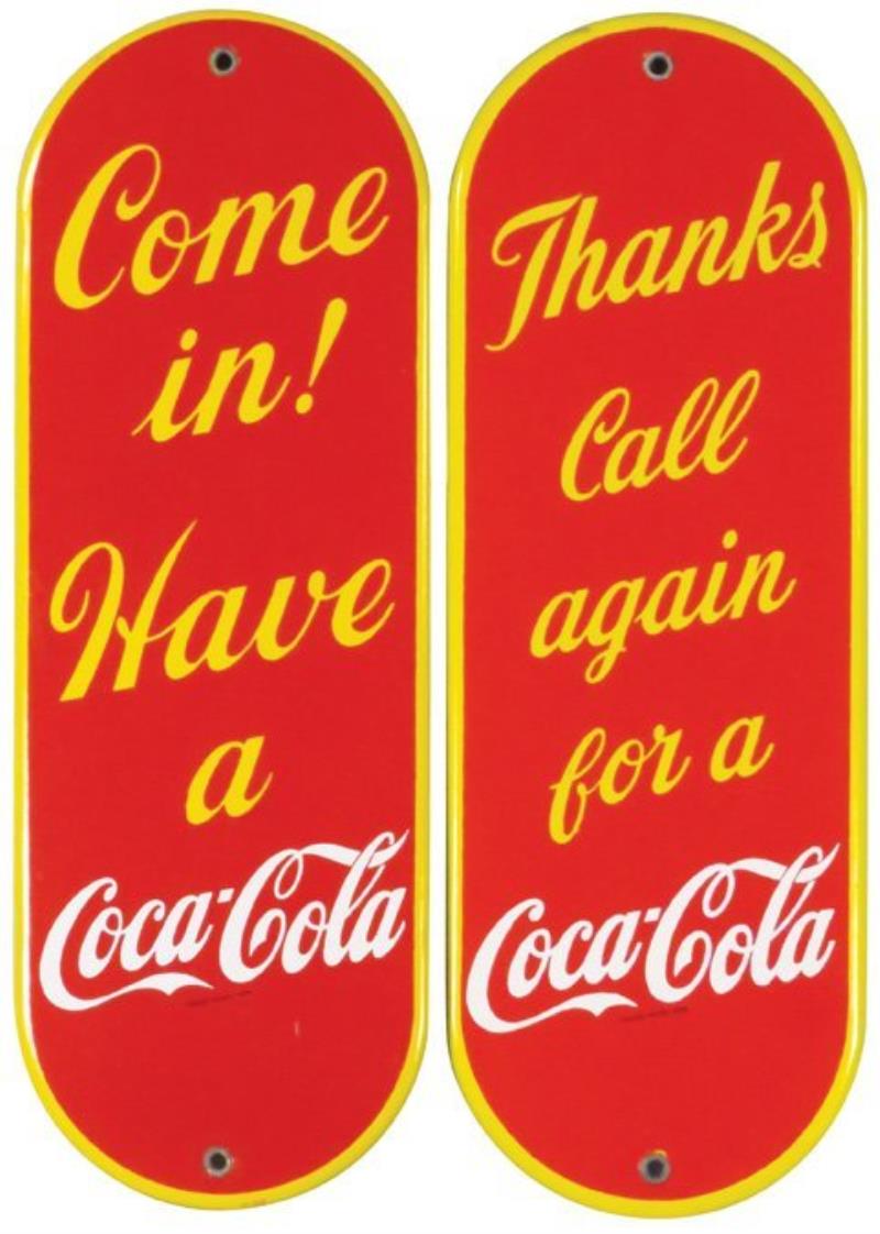 Two 1930's Coca Cola Porcelain Door Pushes
