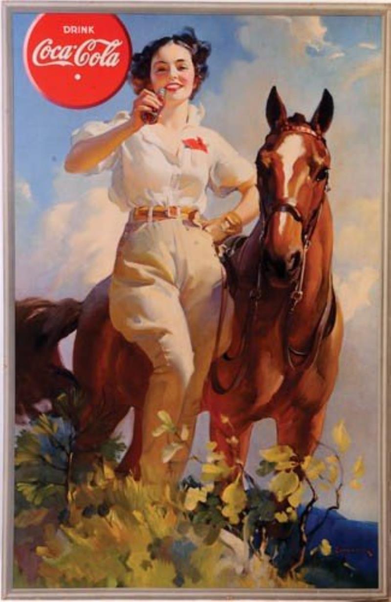 1937 COCA-COLA CARDBOARD SIGN GIRL & HORSE