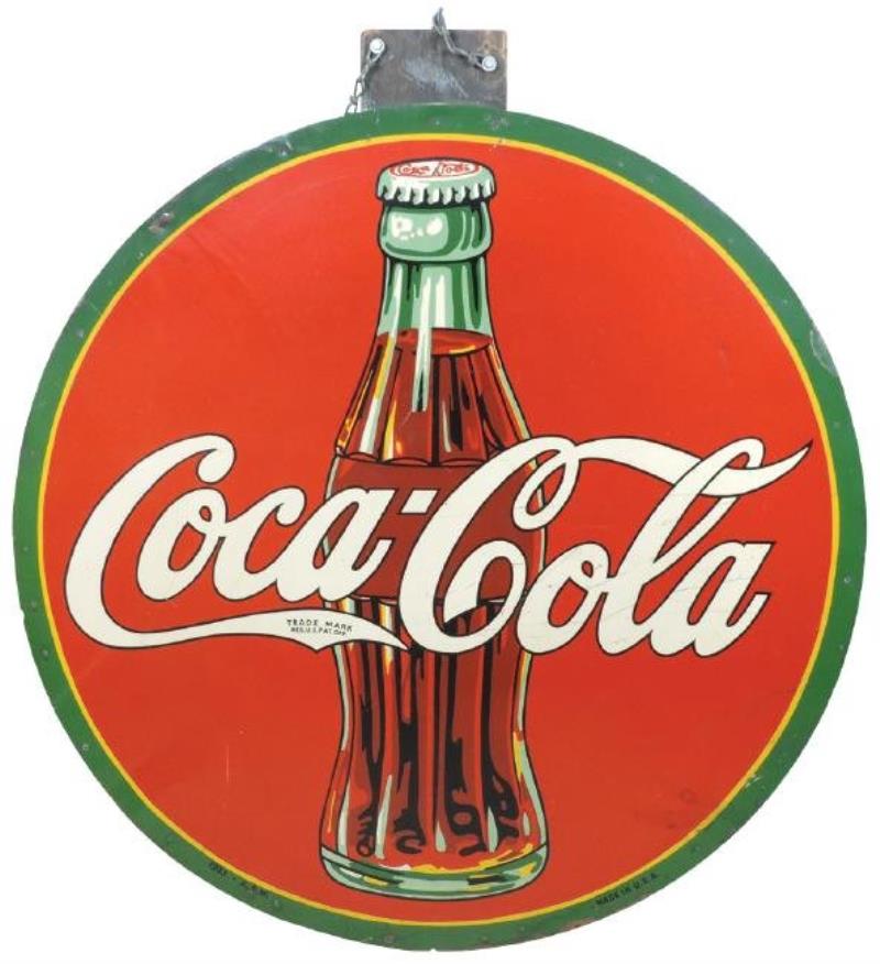 Coca-Cola sign, metal w/bottle graphic on orig wood