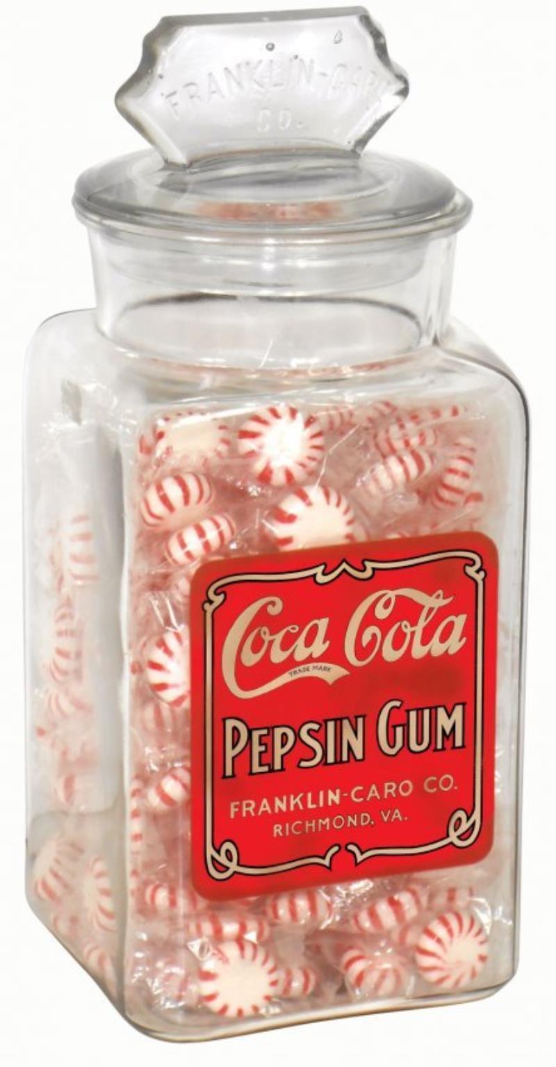 Coca-Cola Pepsin Gum jar w/paper label, c1912,