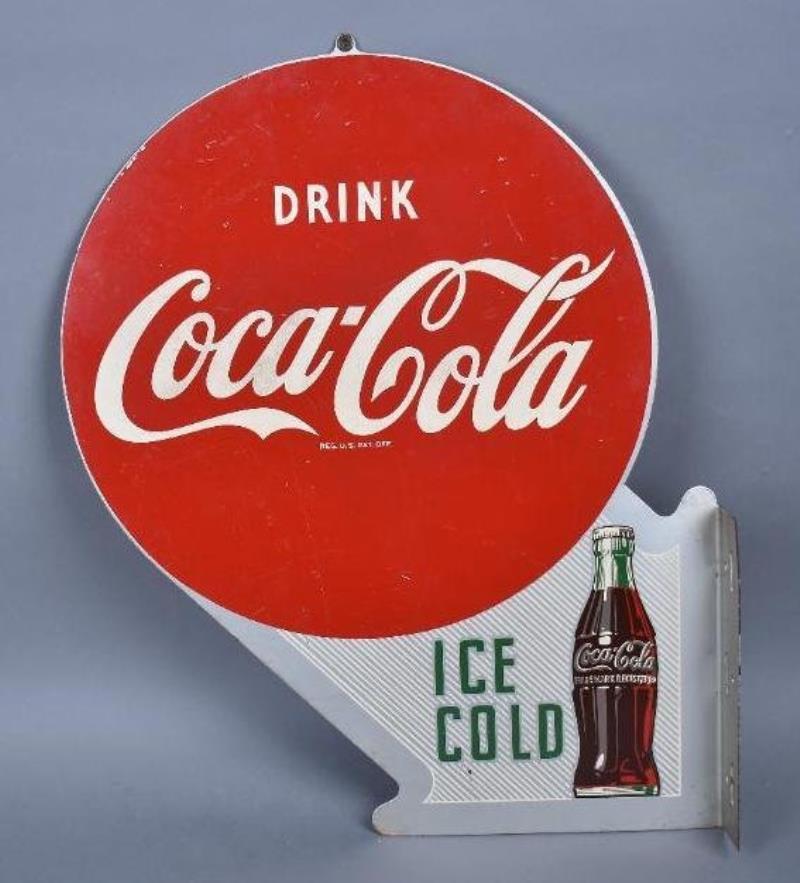 Drink Coca-Cola Ice Cold w/Bottle Metal Flange Sign