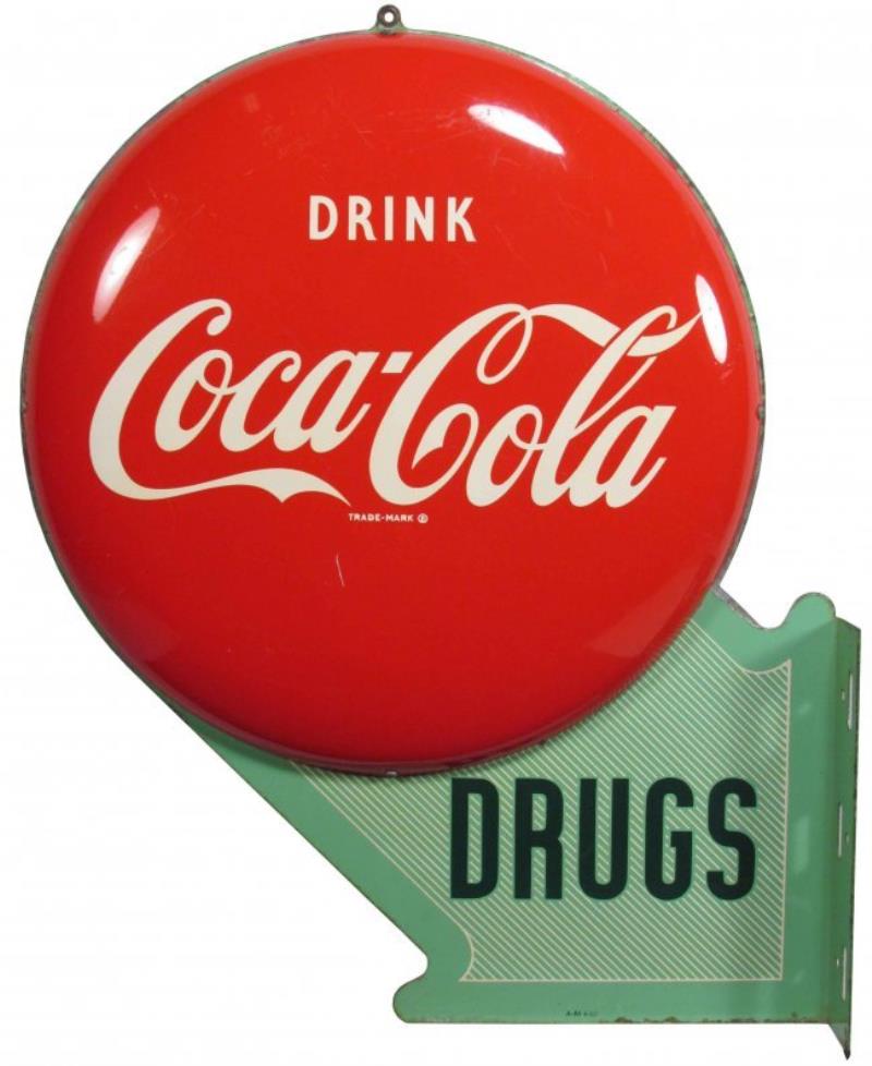 Rare Coca Cola Button Flange Drugstore Sign