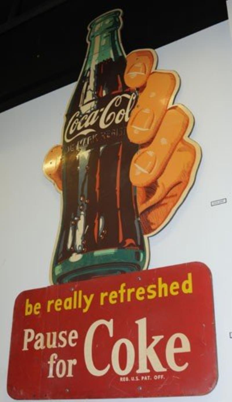 CIRCA 1950 COCA-COLA LARGE HAND & BOTTLE SIGN