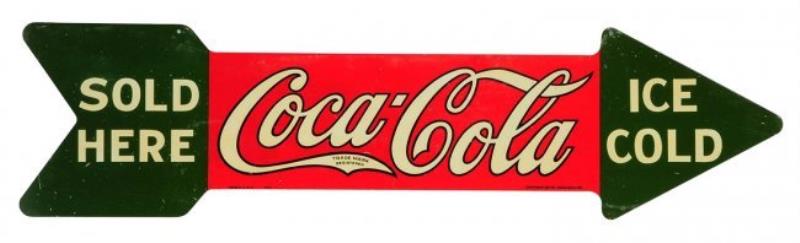 1927 Coca - Cola Two Sided Tin Arrow Sign.