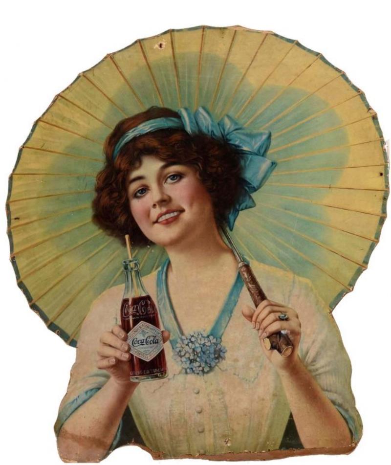 Early Coca-Cola Die Cut Woman & Umbrella Sign.
