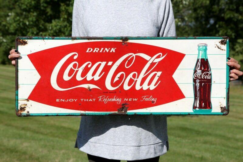 Vintage 1960's Coca Cola Fishtail Sign Bottle Metal Tin 31 3/4" x 11 3/4" MCA 43
