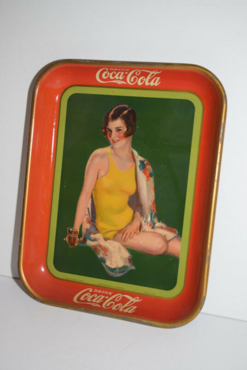 Vintage 1929 Coca-Cola Metal Tray w/ Lady in Yellow Bathing Suit