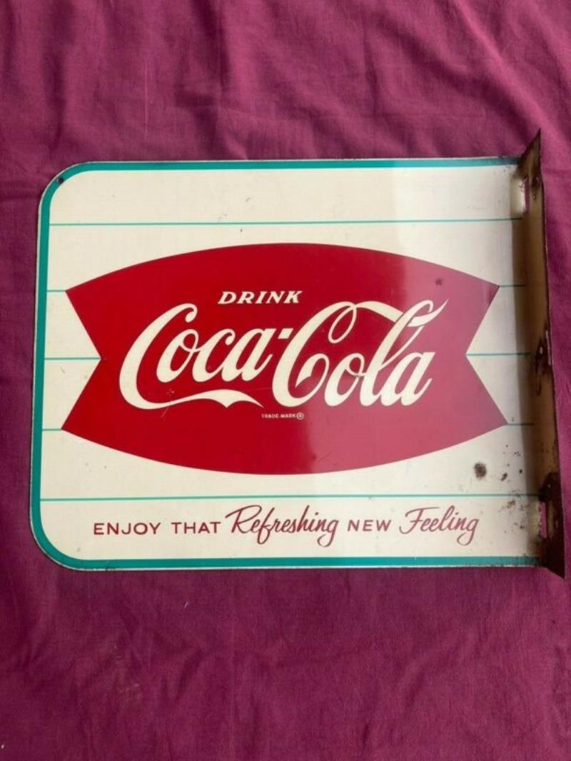 Coca-Cola sign, 2-sided metal flange w/fishtail logo, Value & Price Guide