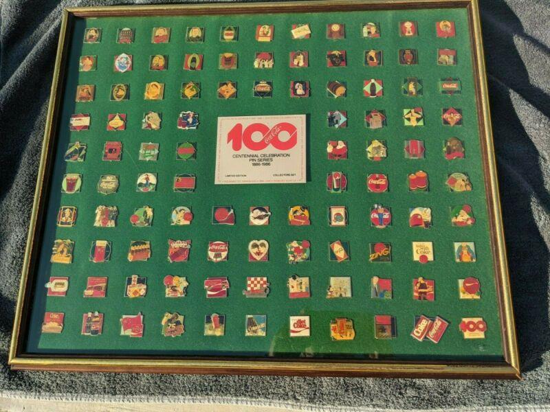 COCA-COLA's 1986 - 100th ANNIVERSARY PIN SET FRAMED LIMITED COLLECTIBLE VINTAGE