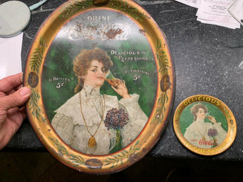Original vintage 1906 dated Coca - Cola bottle tray & matching tip tray