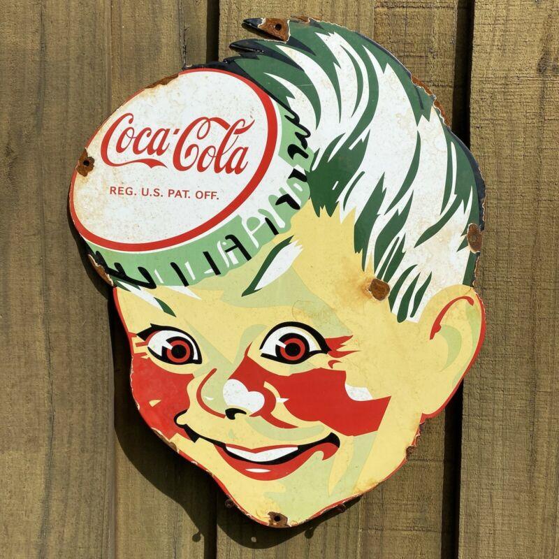 Vintage Coca Cola Porcelain LARGE 19" Coke Cap Boy Head SODA Pop Gas Oil Sign