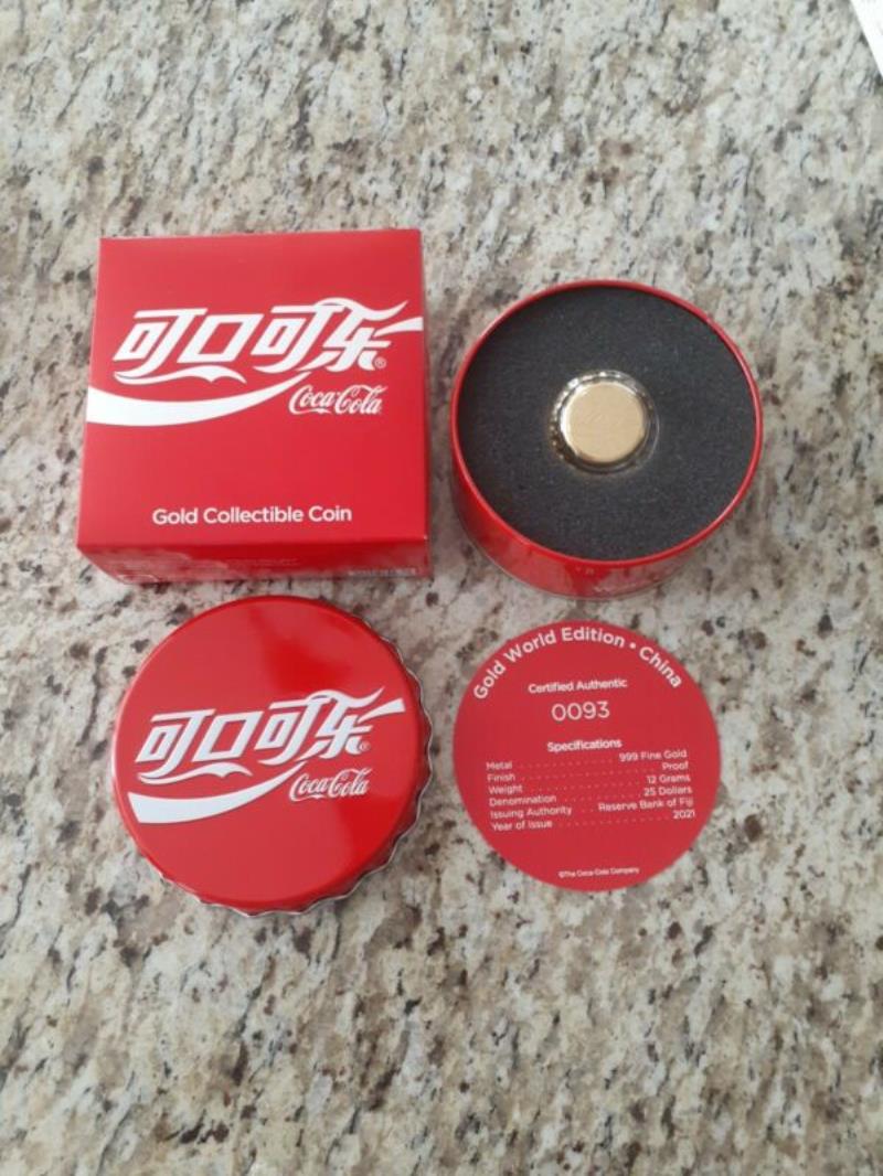 PURE GOLD China Coca Cola Bottle Cap 12 gr Coin 100 MINTED $25 Fiji #0093 COA
