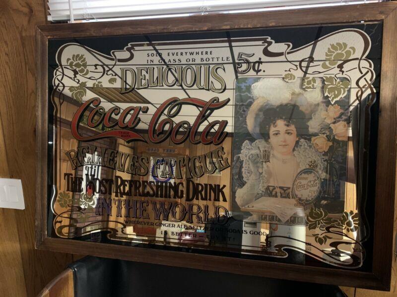 LARGE VINTAGE COCA COLA MIRROR IN WOOD FRAME CLASSIC PUB BAR SIGN (36”x24”)