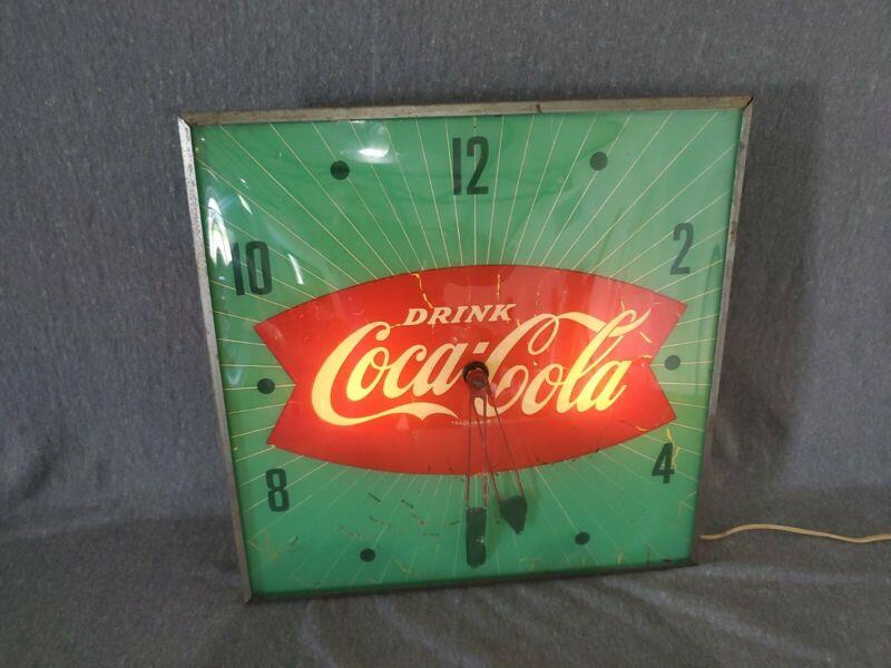 Vintage Coca Cola Lighted Green Fishtail Clock Working Ships Free