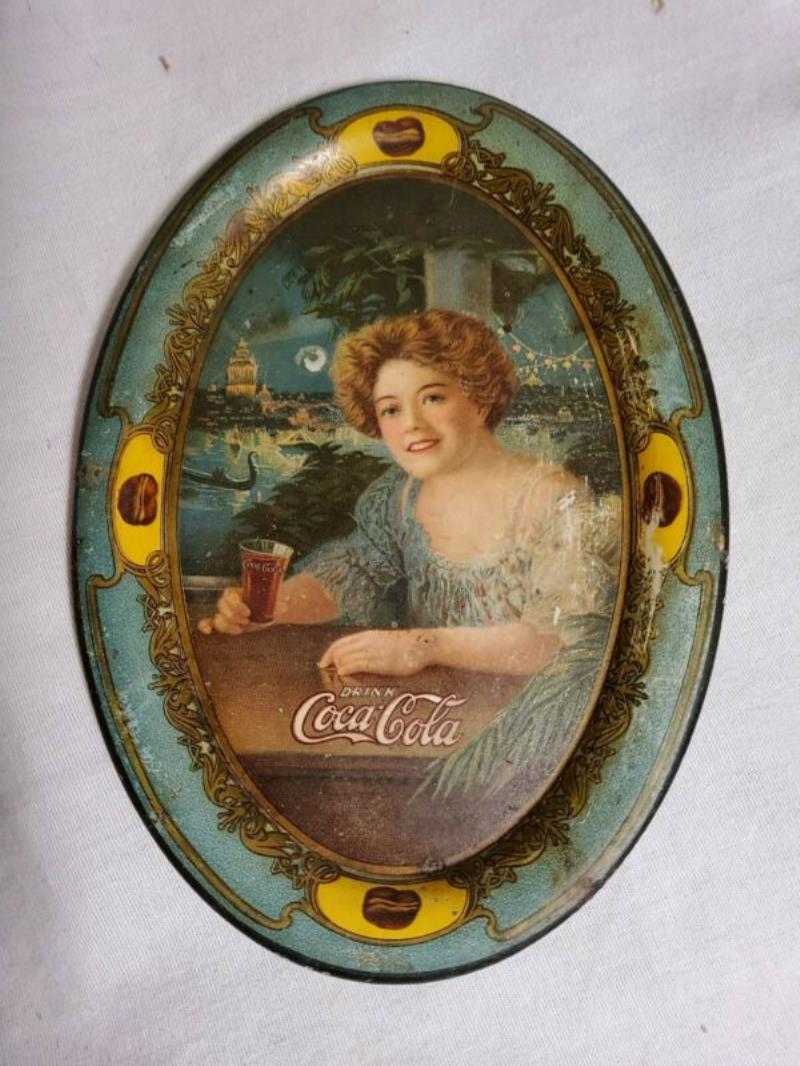 Coca Cola Tip Tray, 1909 Exhibition Girl, w/trademark. Blue Dress