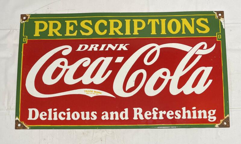 VINTAGE COKE COCA-COLA 24” PRESCRIPTIONS SODA PORCELAIN SIGN CAR TRUCK OIL GAS