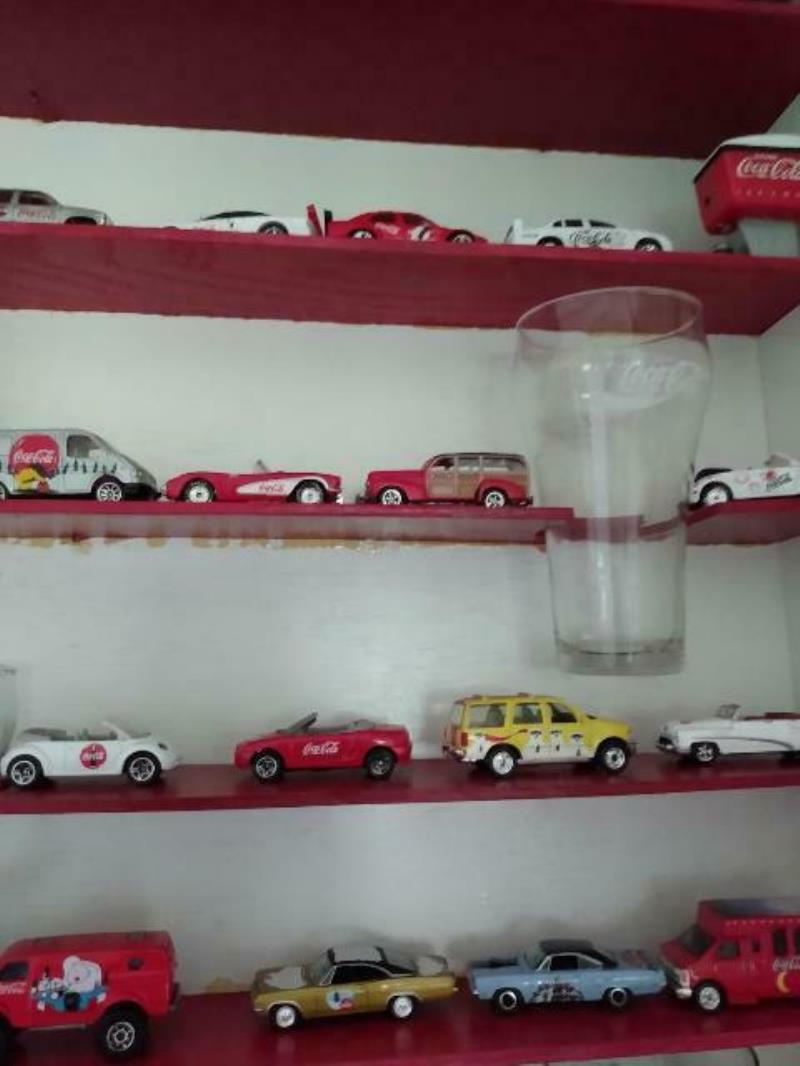 Large Oak Display Cabinet including Hot Wheels/Matchbox & misc. Coca Cola