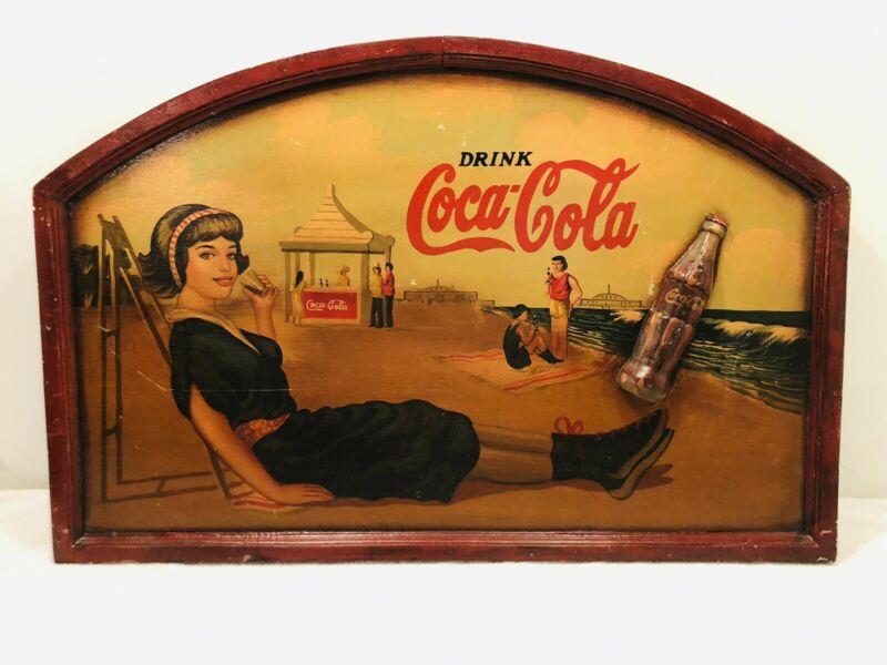 Vintage Coca Cola Sign Wood Beach Scene 3D Hand Painted Great Colors!