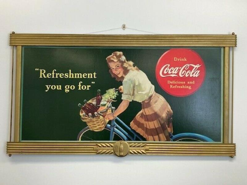 1944 Girl on Bike vintage coke cardboard advertising sign in original Kay Frame