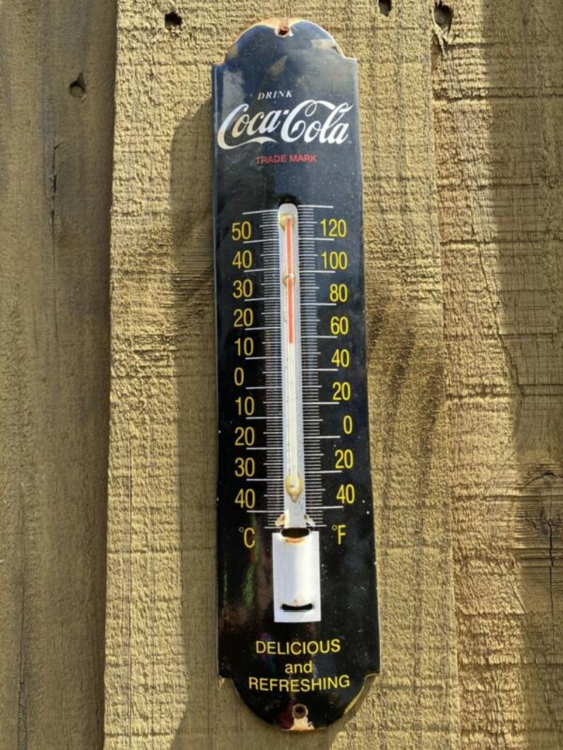 VINTAGE COCA COLA PORCELAIN THERMOMETER METAL SIGN OIL SODA POP GAS STATION COKE