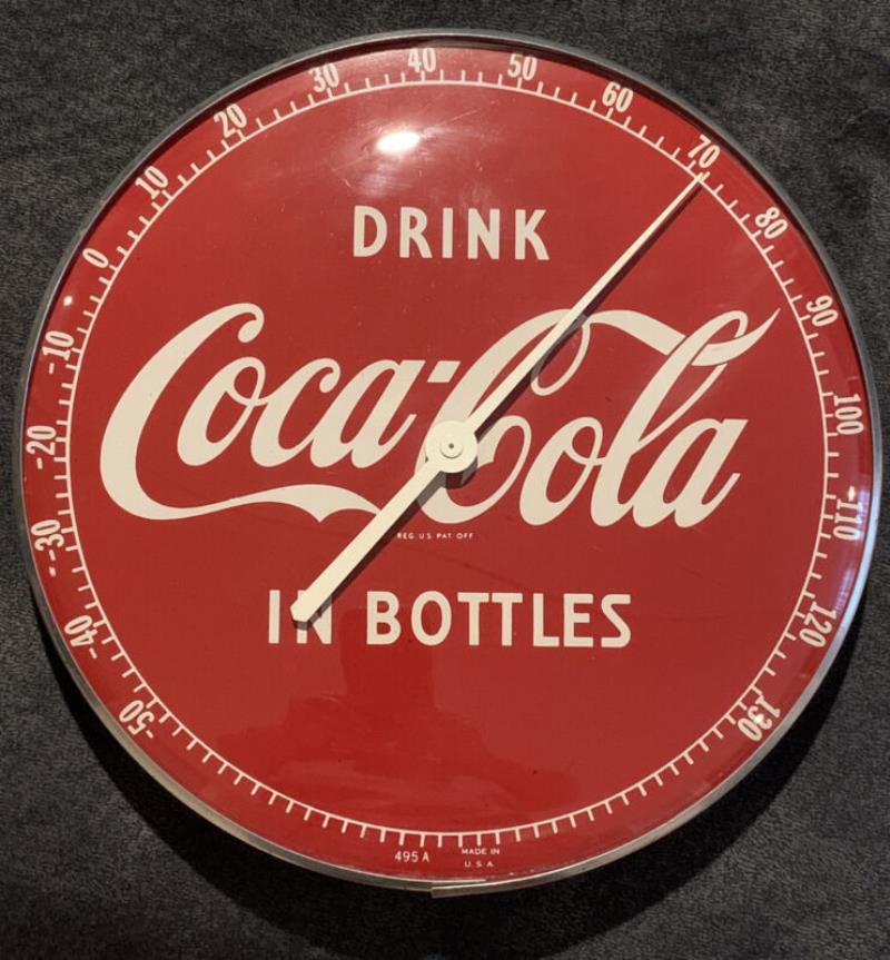 Vintage 1950's COCA-COLA—-12" Round THERMOMETER 495A Coke In Bottles-Nice