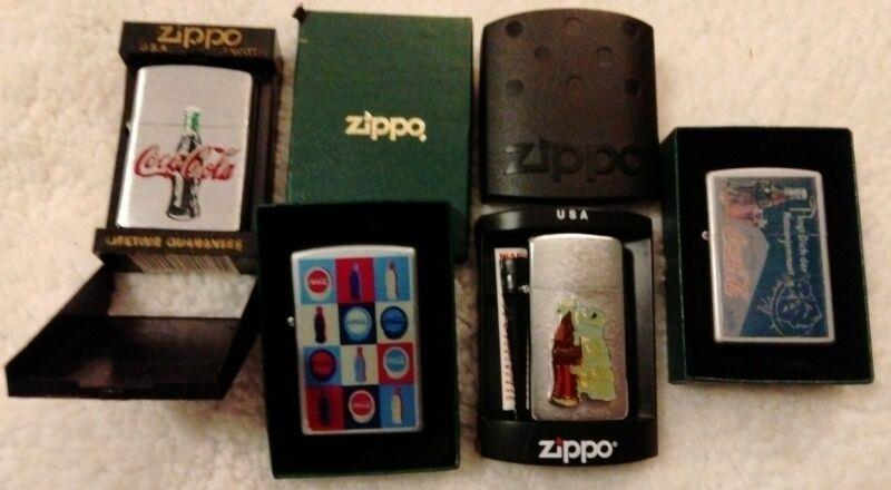 Coca Cola Zippo Lighter Lot of 4 Vintage. 3 Brand New & 1 Sticken Removed Unused