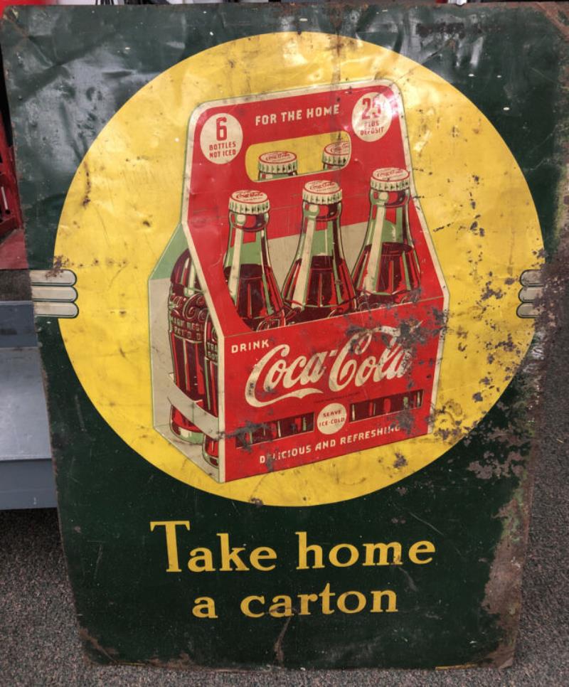 Old Antique Advertising Tin Coca-Cola Take Home a Carton Coke Sign 27”x 20”