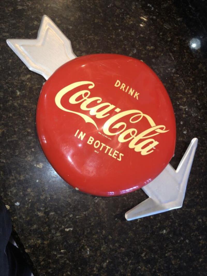 1950 Coca Cola Red Button 12 Inch , Sign With Original Arrow