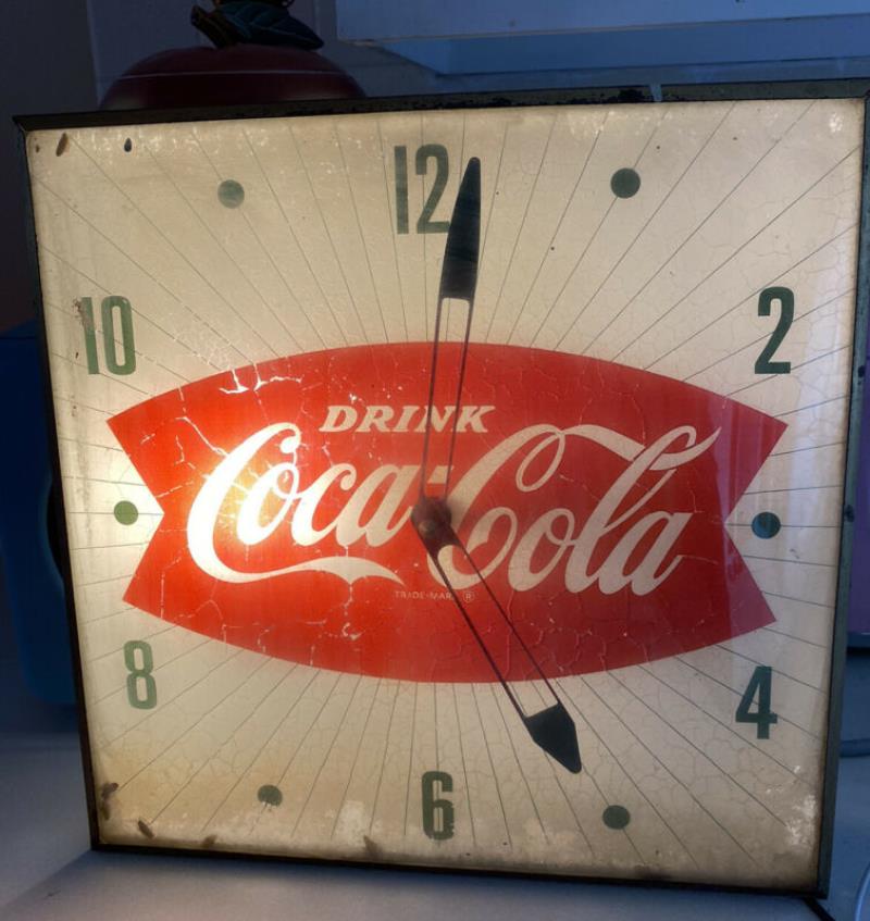 Vintage 1950s Coca-Cola Fish Tail Advertising Sign Pam Electric Wall Clock 15x15