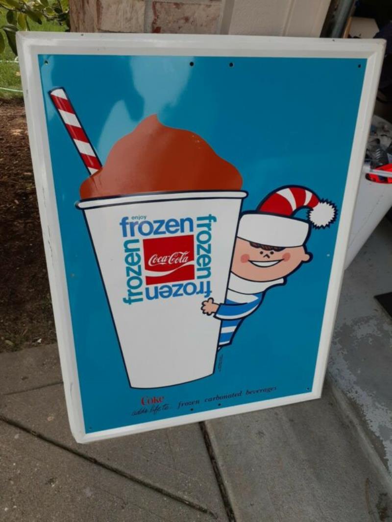 c.1969 Original Enjoy Frozen Coca Cola Sign Coke Vintage Gas Oil Soda Metal RARE