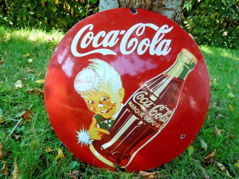 COKE Sprite Boy porcelain sign advertising vintage beverage 20" Coca Cola bottle