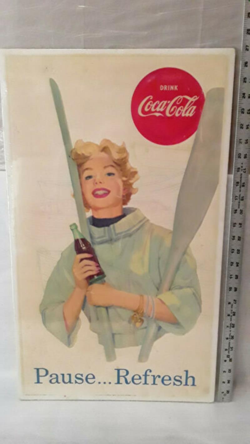ORIGINAL RARE VINTAGE 1957 COCA COLA PAUSE REFRESH BOATS OARS POSTER LITHO SODA