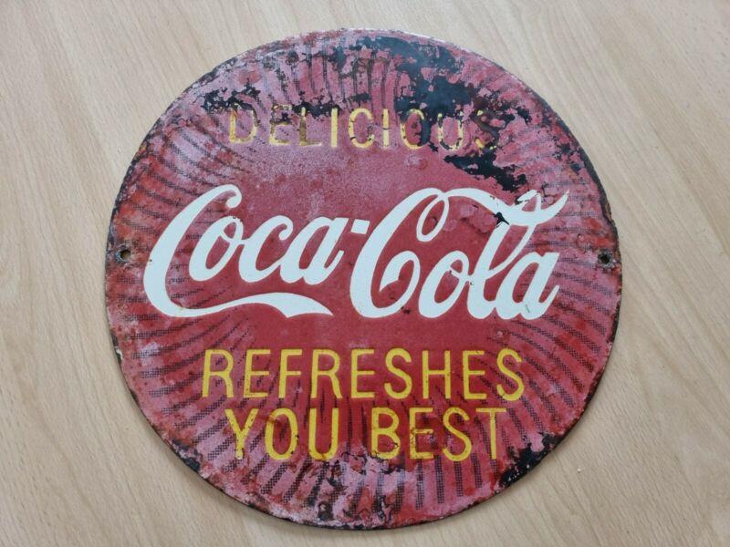 Vintage Early Coca Cola Enamel Advertising Sign Refreshes You Best, Fading Chips