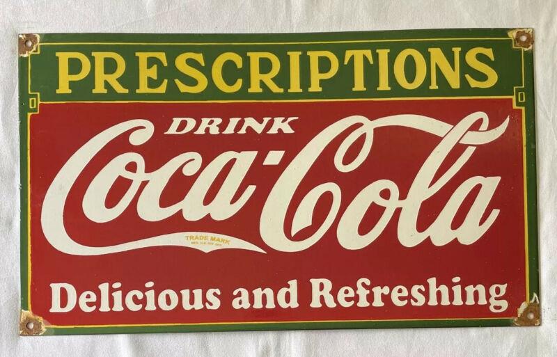 VINTAGE COKE COCA-COLA 24” PRESCRIPTIONS SODA PORCELAIN SIGN CAR TRUCK OIL GAS