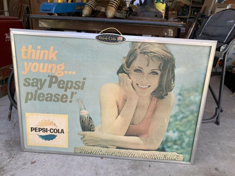 PEPSI COLA SODA POP CARDBOARD ADVERTISING POSTER SIGN GIRL WITH RARE KAY? FRAME