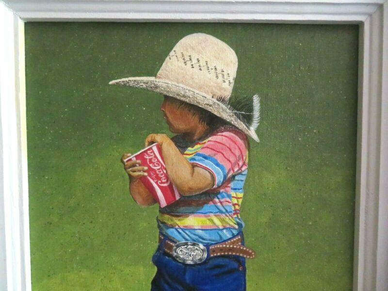 NAVAJO ARTIST EDDIE YAZZIE ORIGINAL OIL PAINTING LITTLE BOY 'COCA COLA COWBOY'