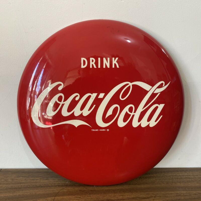 Vintage 1950's Drink Coca-Cola Button Sign 12" Soda Pop Gas Station Antique