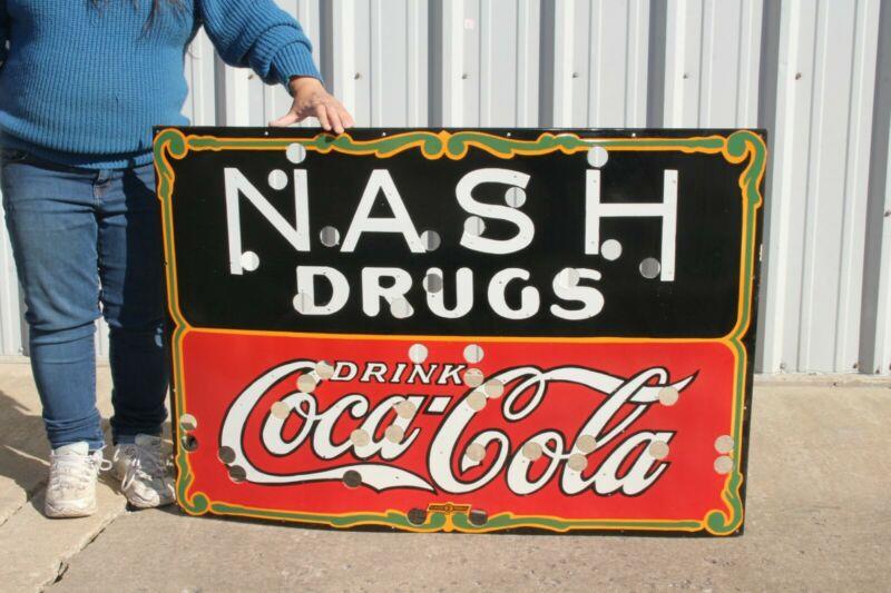 Large Coca Cola Nash Drug Store Soda Pop 45" Porcelain Metal Neon Skin Sign