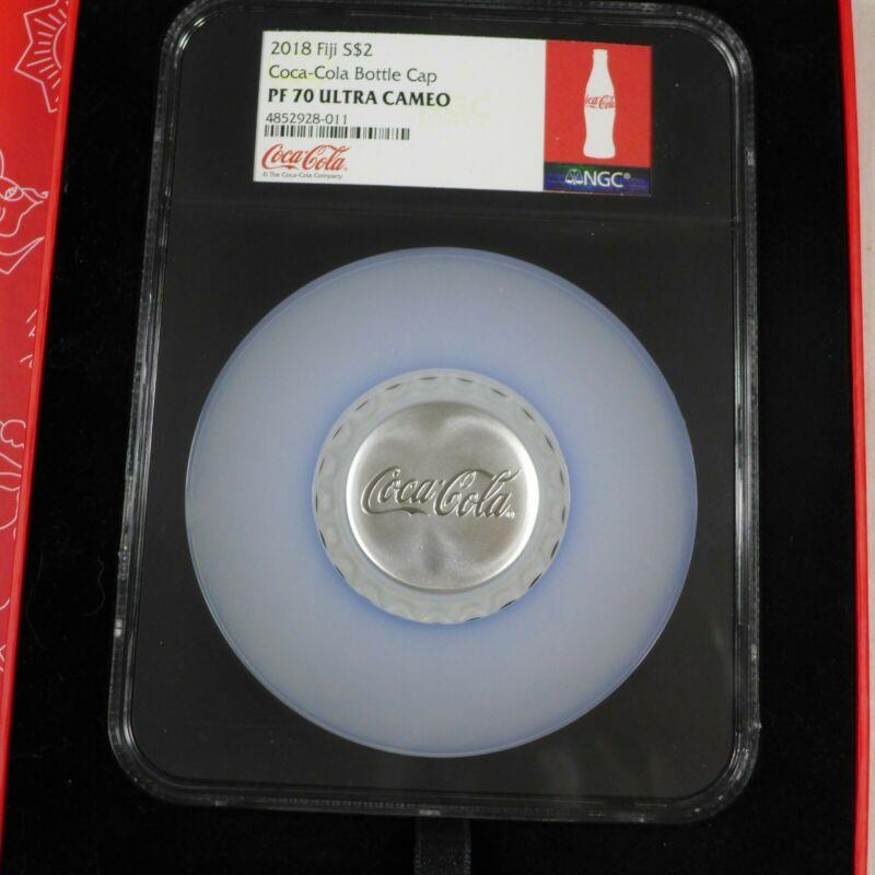 2018 Fiji NGC PF 70 Ultra Cameo 1oz $2 Silver "COCA-COLA BOTTLE CAP" Black Core