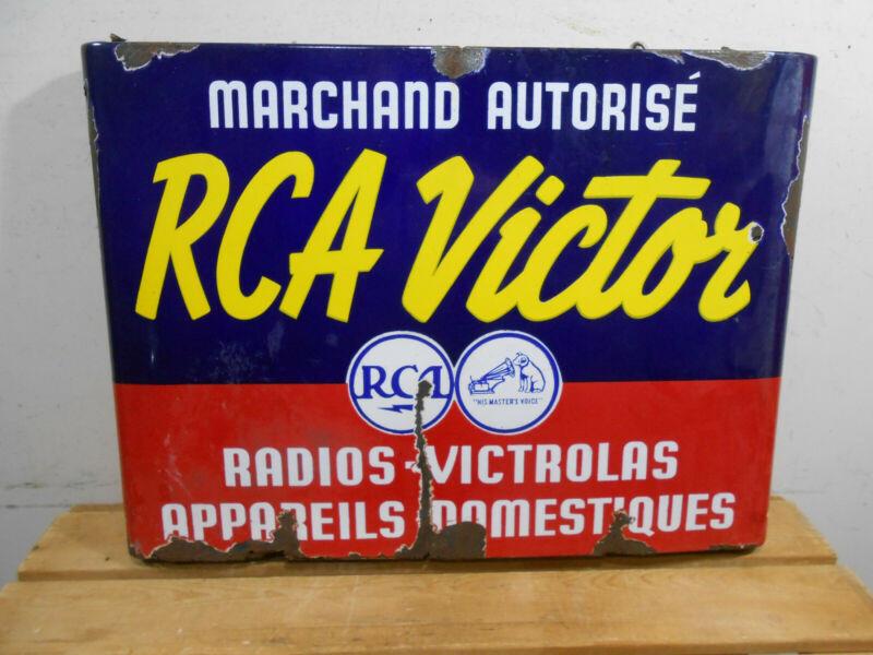 EARLY RCA VICTOR RADIOS 25" X 18" X 3" D/S DEALER STORE HANGING PORCELAIN SIGN