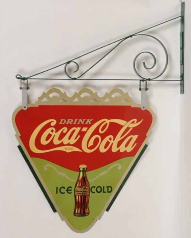 1935 COCA-COLA TWO SIDED TIN TRIANGLE AND BRACKET