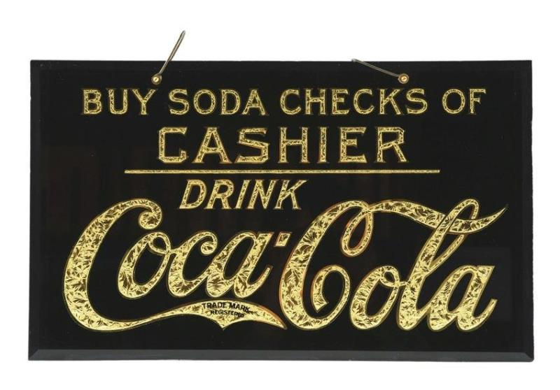 EARLY COCA-COLA REVERSE GLASS FOIL SIGN.