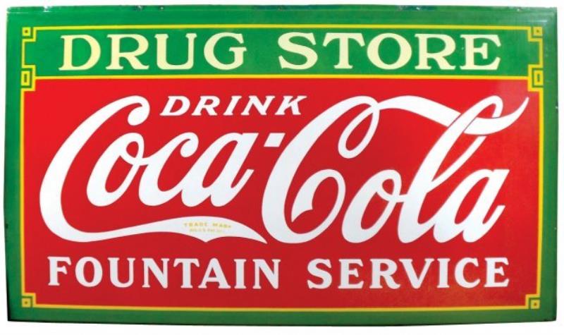 Coca-Cola porcelain sign, "Drug Store-Fountain