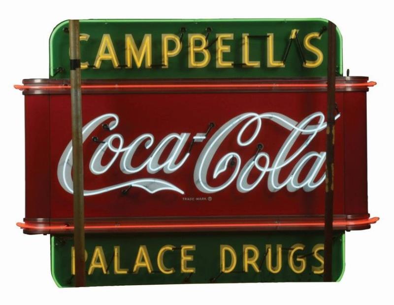 LARGE COCA-COLA CAMPBELL'S PALACE DRUGS NEON SIGN